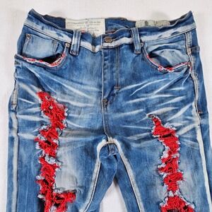 Industrial Indigo Jeans Mens 32 Blue Red Distressed Ripped Streetwear Whiskered